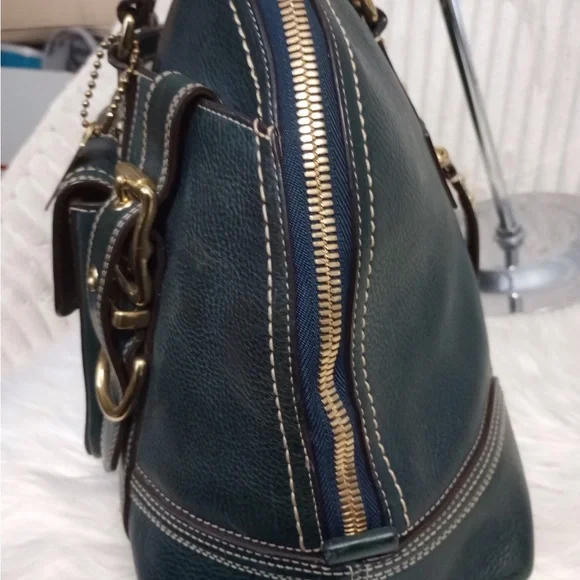 Coach Hamptons Blue Leather Satchel with Gold Accents